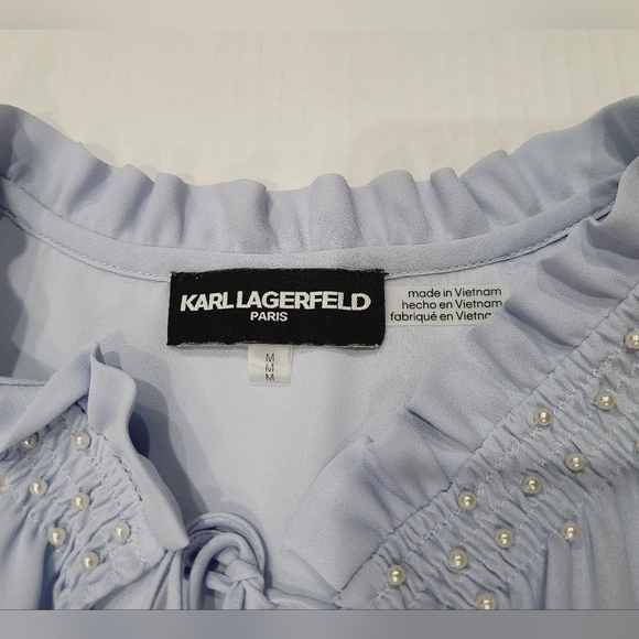 Karl Lagerfeld Paris Faux Pearl Smocked Mock Neck Top Sz M - Picture 4 of 10